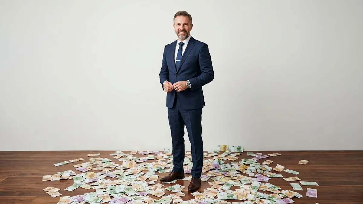 A smiling businessman in a navy suit standing on a wooden floor scattered with euro banknotes, illustrating what founder coaching costs and what it returns