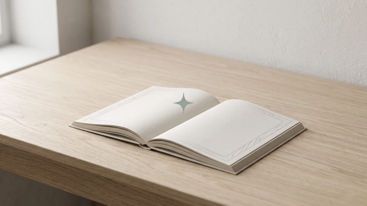 An open hardcover book with blank cream pages and a small sage green four-pointed star on the left page, lying on a pale oak desk beside a window, illustrating the four types of coaching and the one a CEO actually buys