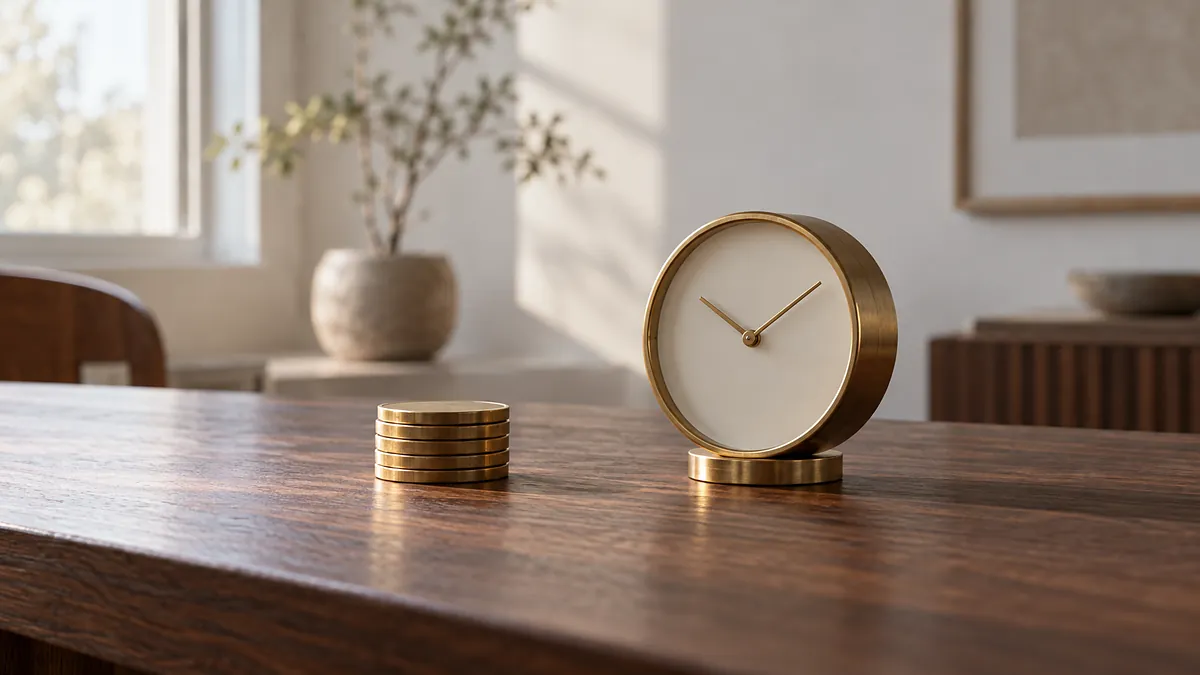 A stack of brass coins beside a small brass clock on a dark desk, illustrating fractional CFO cost in 2026