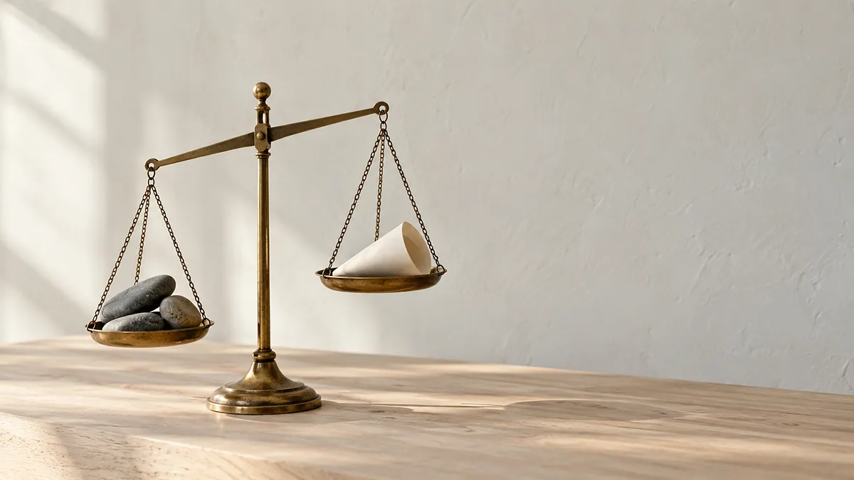 A brass balance scale on a pale oak table with river stones in one pan and a paper cone in the other, illustrating what a fractional CMO costs