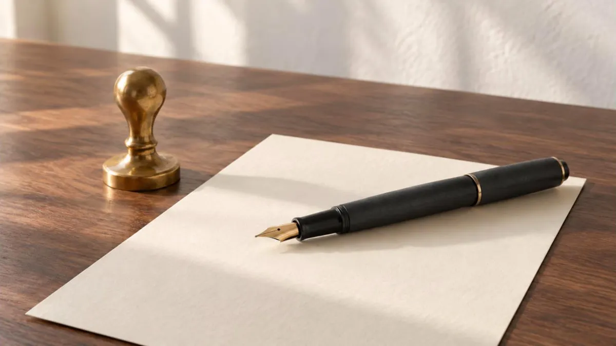 A folded paper contract held flat under a brass ruler on an oak desk, with fifteen short pencil ticks down the margin, illustrating a fractional executive agreement checklist