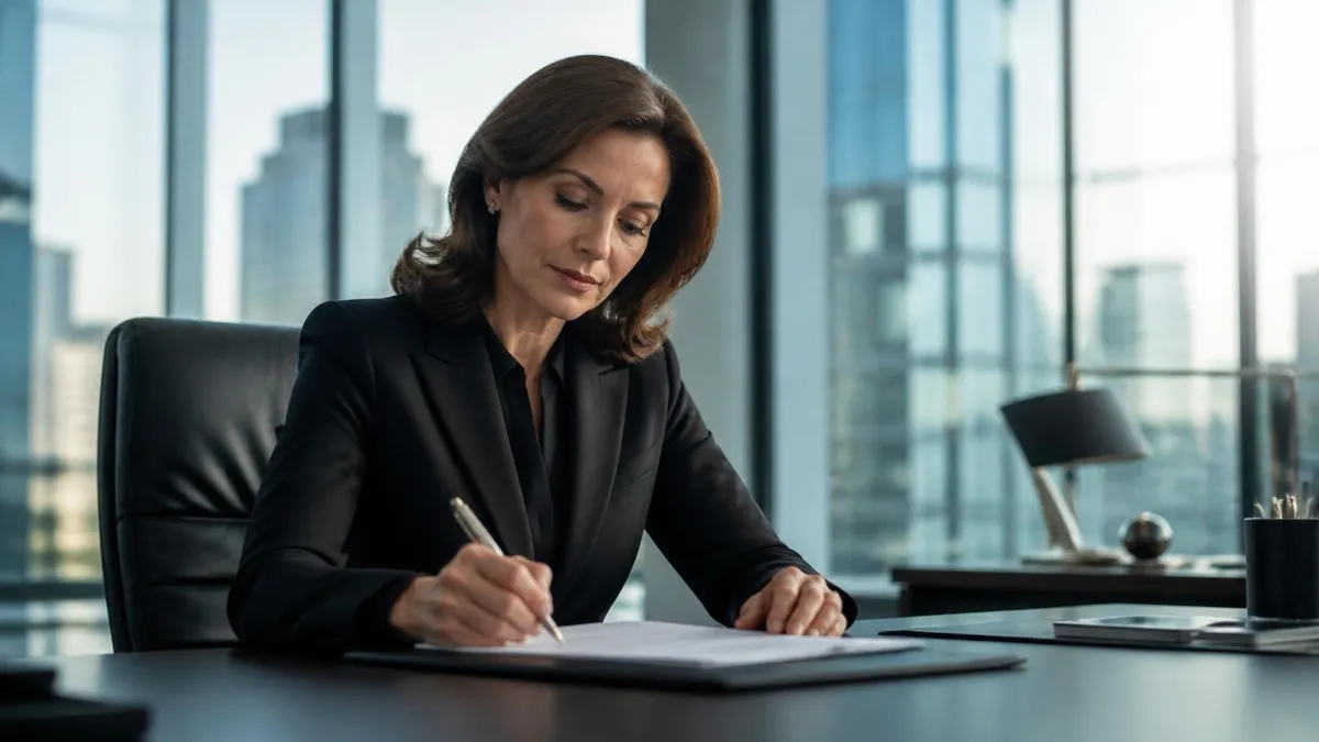 Executive completing a printable leadership self-assessment by hand at a desk in a bright glass office