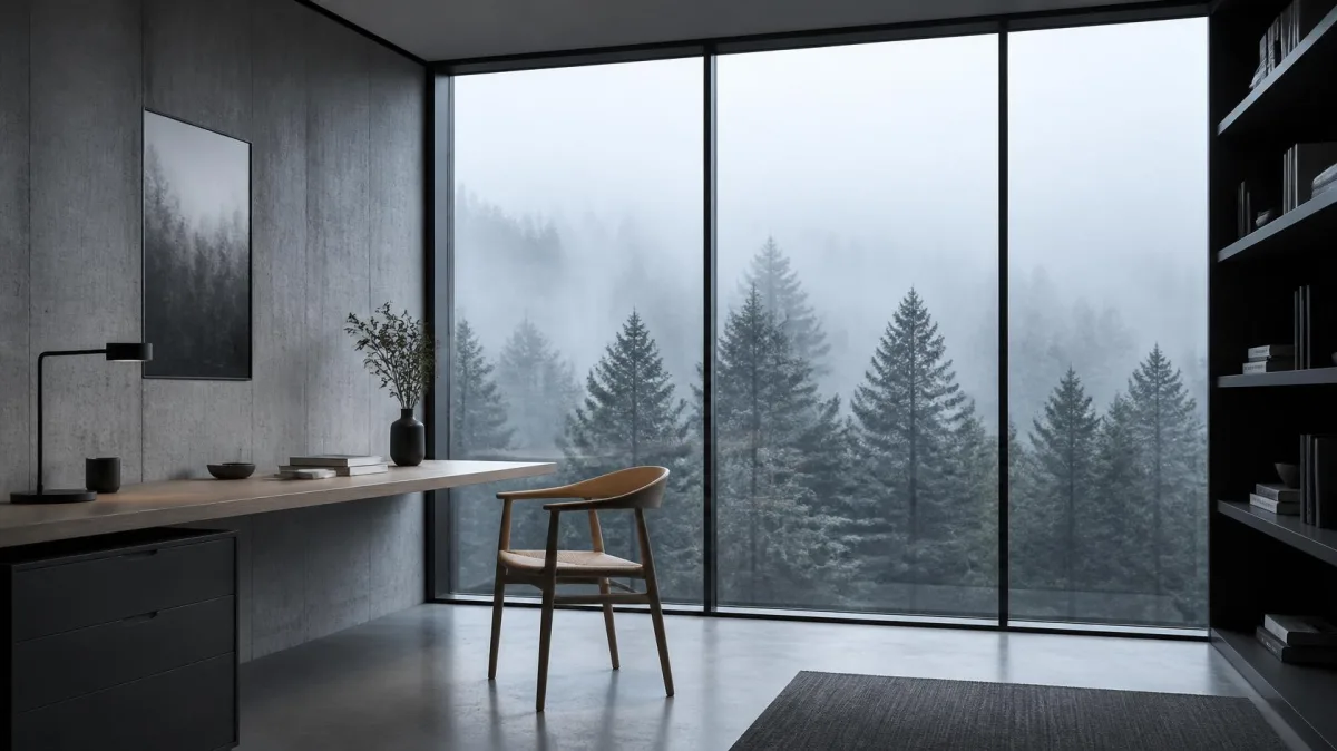 Minimalist Scandinavian office with a wooden chair and floor-to-ceiling windows overlooking a misty pine forest, evoking the future of leadership