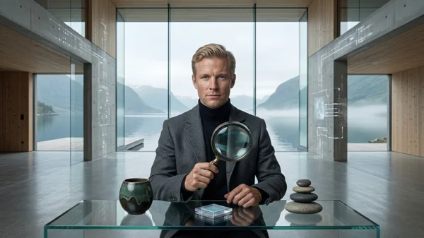 A Scandinavian leader holding a magnifying glass at a glass table with a ceramic cup and stacked stones in a fjord-view room, illustrating how wellbeing fuels AI adoption