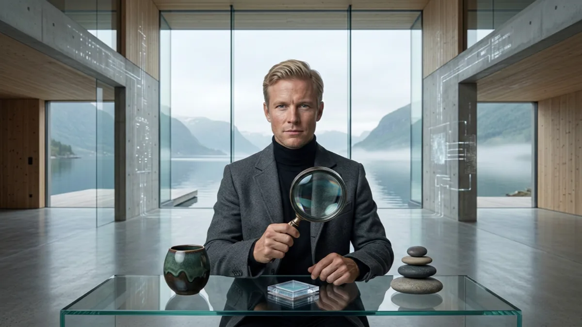 A Scandinavian leader holding a magnifying glass at a glass table with a ceramic cup and stacked stones in a fjord-view room, illustrating how wellbeing fuels AI adoption