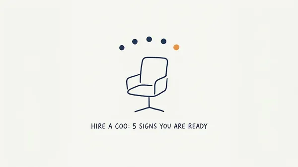 Hand-drawn navy line illustration of an empty executive chair beneath an arc of five dots, the last one orange, with the caption Hire a COO: 5 Signs You Are Ready