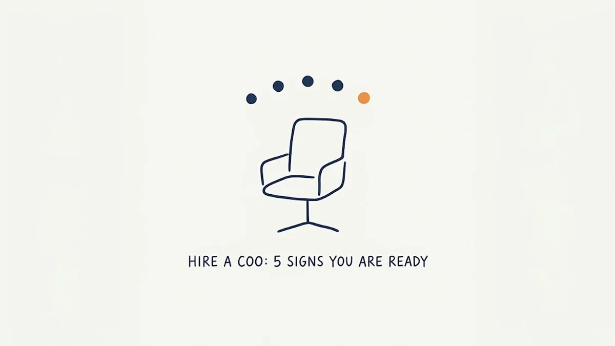 Hand-drawn navy line illustration of an empty executive chair beneath an arc of five dots, the last one orange, with the caption Hire a COO: 5 Signs You Are Ready