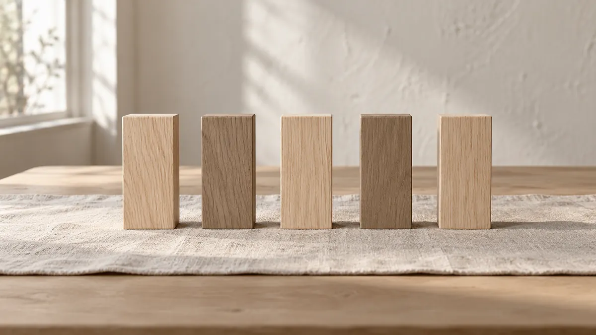 Five oak blocks in a row on a linen runner, two of them stained a darker shade, illustrating a fractional executive working part of the week