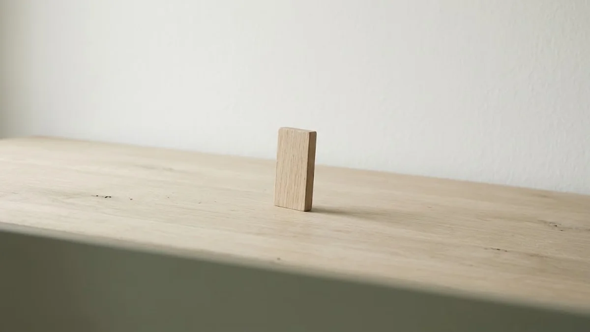 A single small oak block standing upright on its own on a pale wood table against a white wall, illustrating how to be a good follower who stands on their own judgment without becoming a yes-person