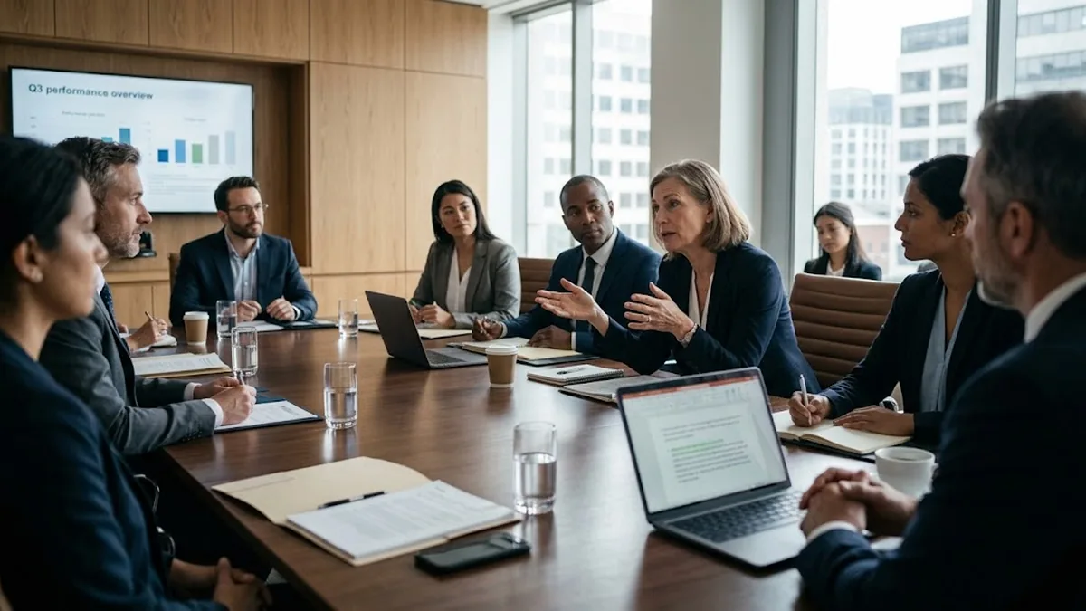 Board members around a boardroom table listening to a director speak during a quarterly performance review