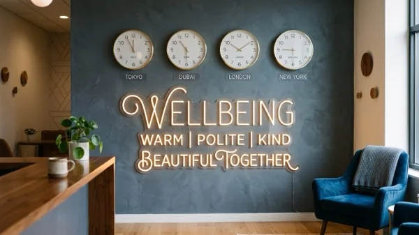 An office wall with four world clocks labeled Tokyo, Dubai, London and New York beneath a warm neon Wellbeing sign reading Warm, Polite, Kind, Beautiful Together, illustrating building psychological safety across cultures and time zones