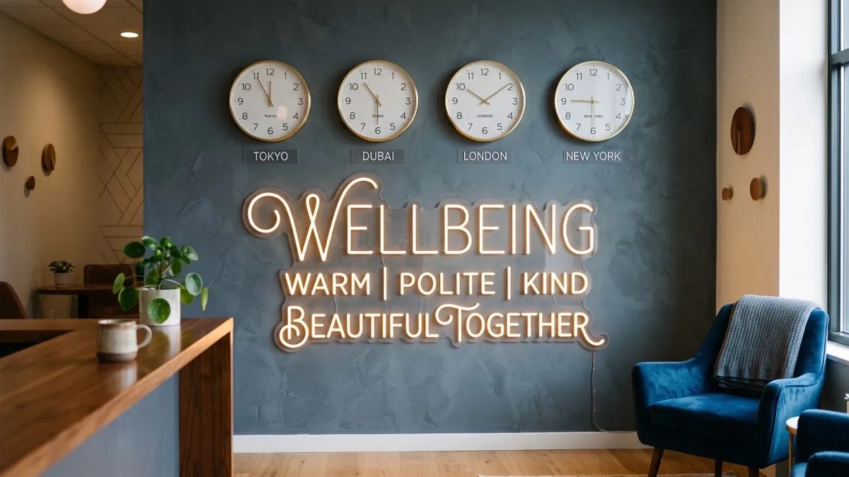 An office wall with four world clocks labeled Tokyo, Dubai, London and New York beneath a warm neon Wellbeing sign reading Warm, Polite, Kind, Beautiful Together, illustrating building psychological safety across cultures and time zones