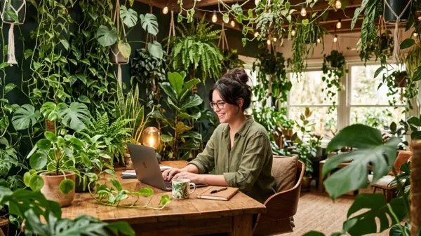A person working on a laptop at a wooden table in a plant-filled home office with hanging greenery and warm string lights, illustrating how to create psychological safety at work