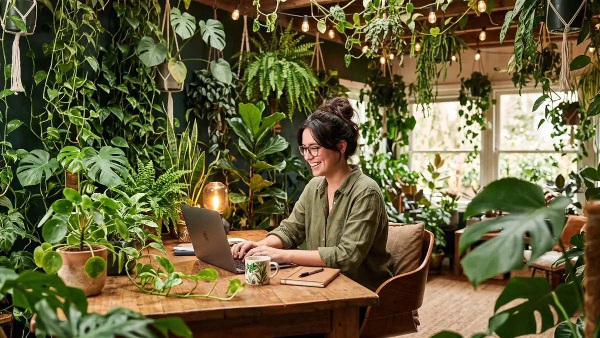 A person working on a laptop at a wooden table in a plant-filled home office with hanging greenery and warm string lights, illustrating how to create psychological safety at work