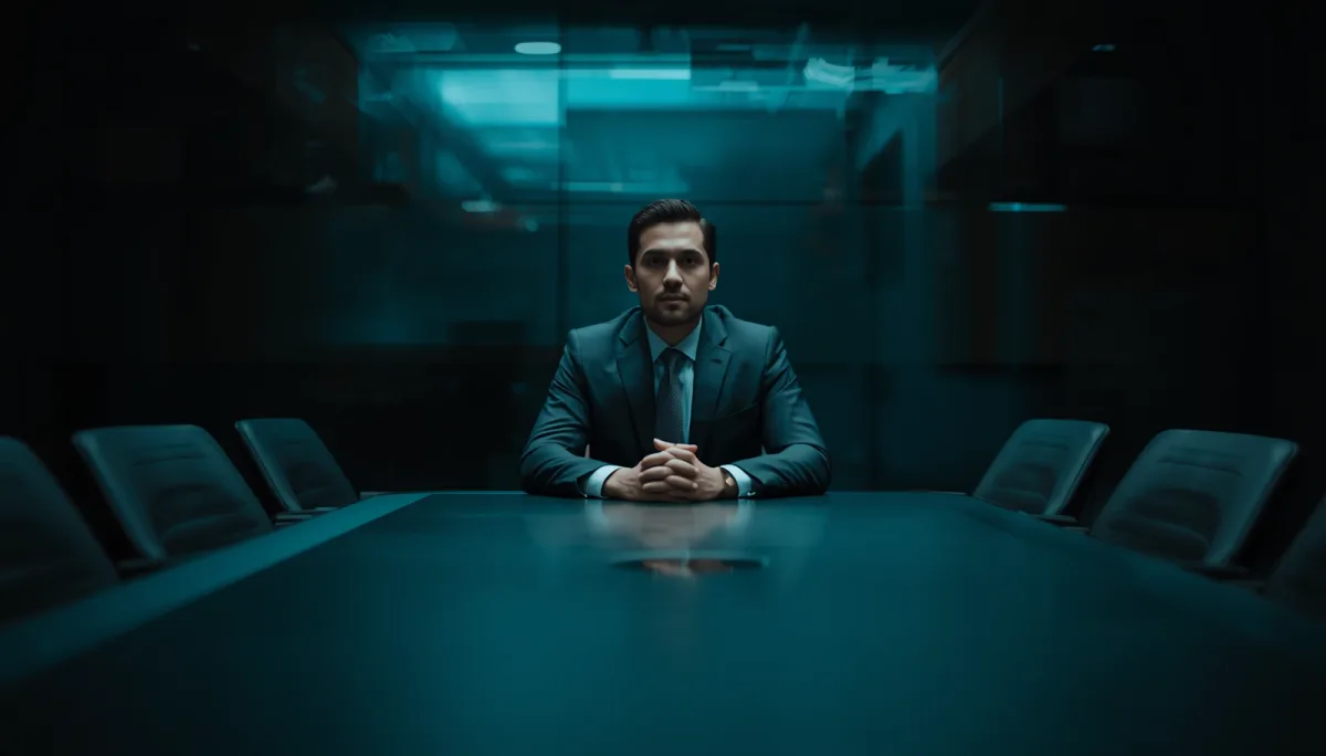 Composed executive in a suit sitting alone at a boardroom table with calm authority, illustrating strong executive presence