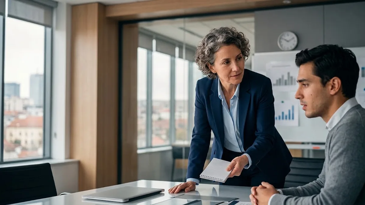 A manager in a navy blazer leaning on a meeting room table with a notepad in hand, talking calmly with a seated team member, illustrating how to hold employees accountable with a read-back conversation instead of blame