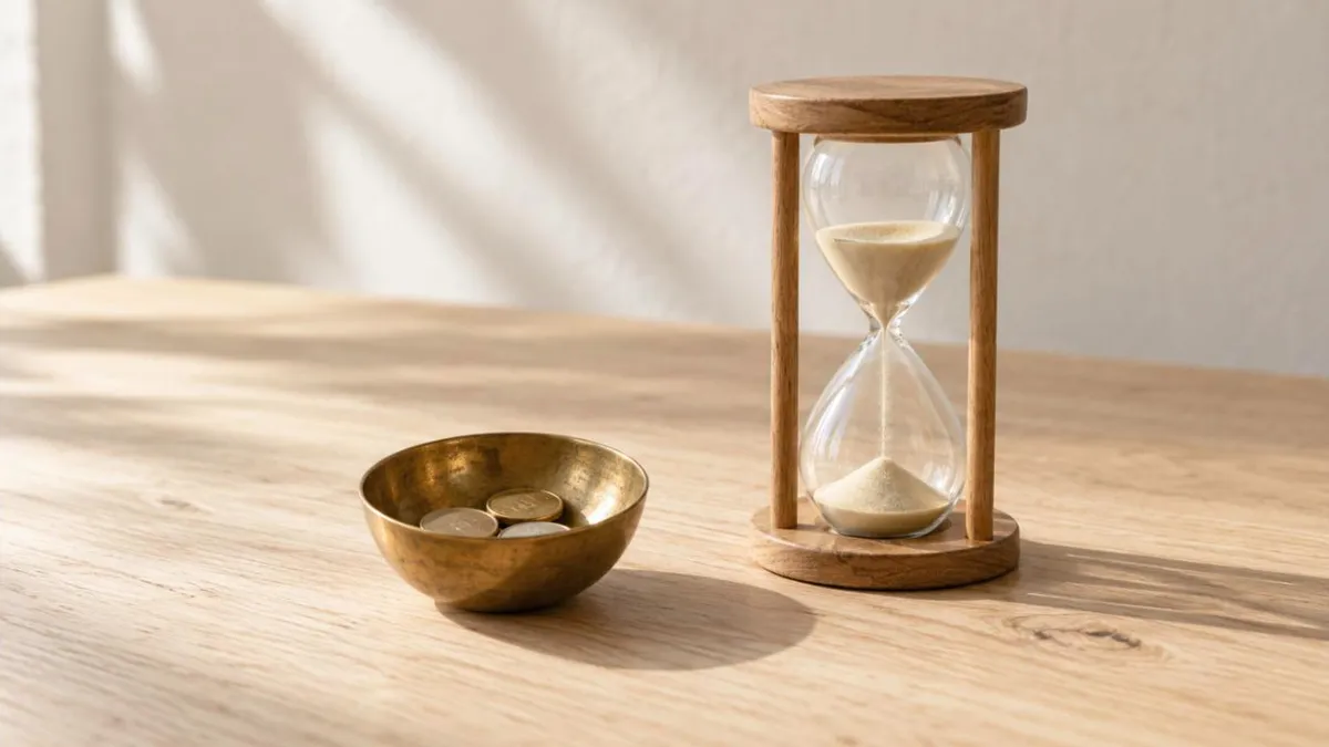 A small brass balance scale on a walnut desk with a folded invoice on one pan and an hourglass on the other, illustrating how to pay a business advisor