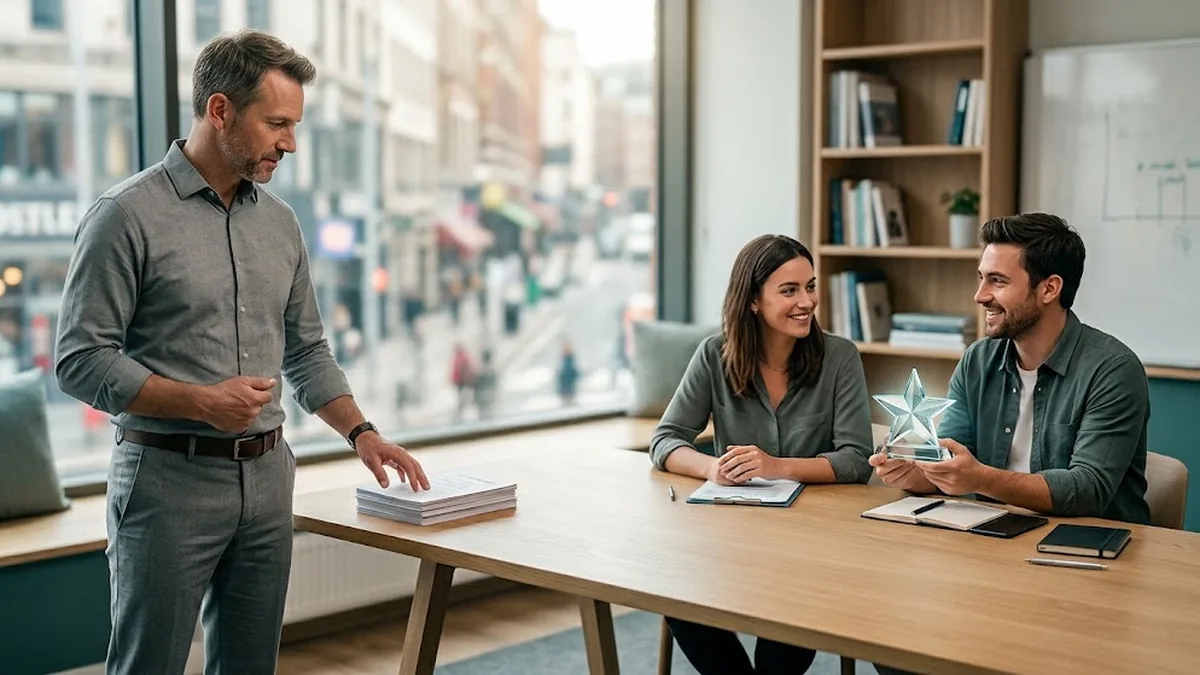 A manager standing back from a meeting table with one hand on a stack of papers while two team members work on their own, one holding a glass star award, illustrating how to stop micromanaging without losing control