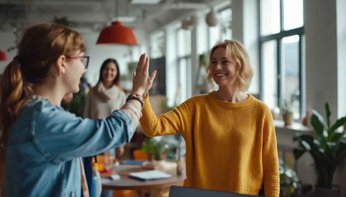 Nordic woman leader in a yellow sweater high-fiving a smiling young colleague in a bright modern office, human-centered leadership in an AI-driven workplace