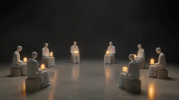 Eight abstract white figures seated in a circle each holding a glowing amber orb in a dark room, illustrating an EO peer forum