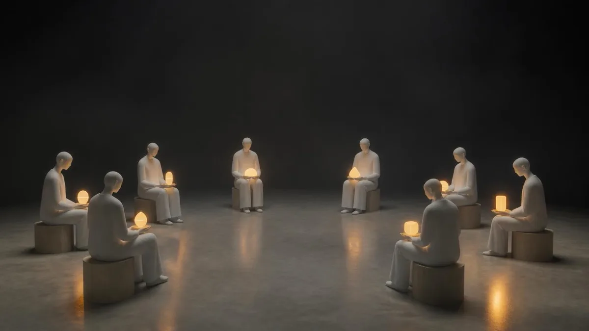 Eight abstract white figures seated in a circle each holding a glowing amber orb in a dark room, illustrating an EO peer forum