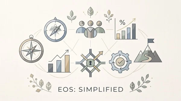 Minimalist infographic titled EOS: Simplified with icons for vision, people, data, process, accountability and traction, illustrating an independent review of the Entrepreneurial Operating System for CEOs