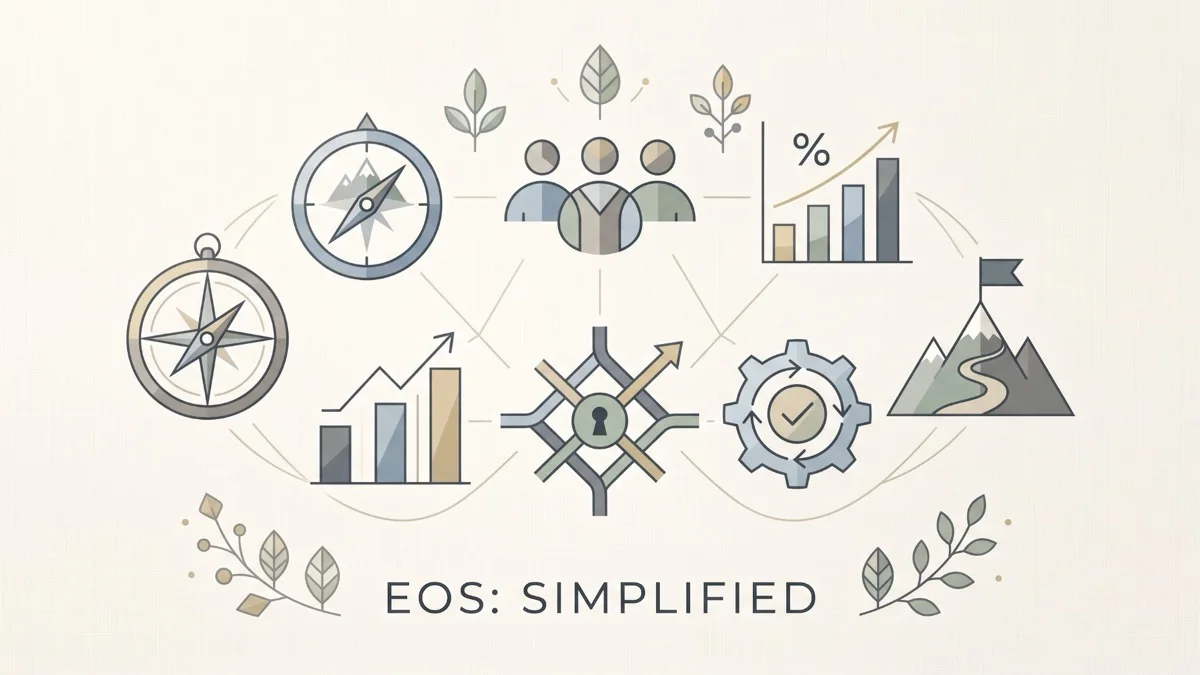 Minimalist infographic titled EOS: Simplified with icons for vision, people, data, process, accountability and traction, illustrating an independent review of the Entrepreneurial Operating System for CEOs