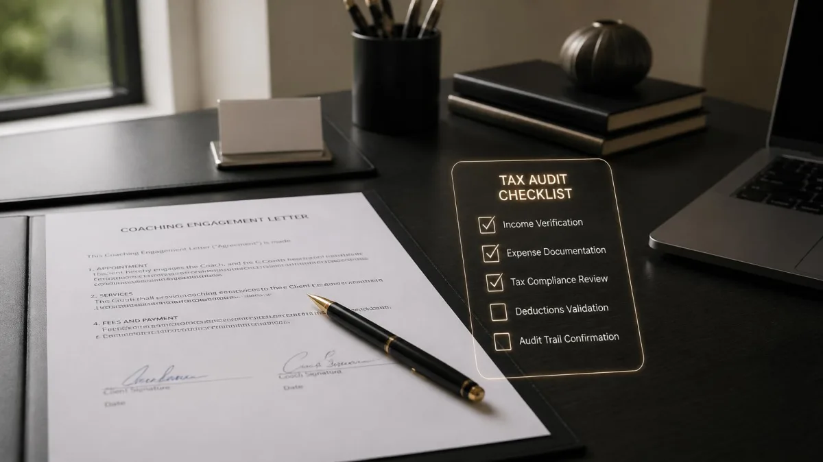 Signed executive coaching engagement letter and pen on a desk with a glowing tax audit checklist overlay, on whether executive coaching is tax deductible