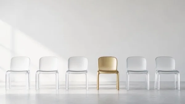 A row of frosted-glass chairs with one solid brass chair standing out, illustrating whether Vistage is worth it