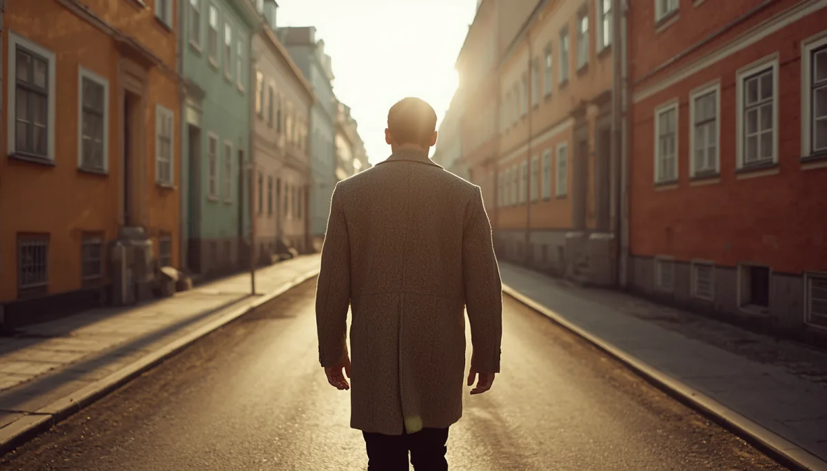 Nordic man in a wool coat walking calmly down a sunlit pastel Scandinavian street, evoking the balanced pace of lagom