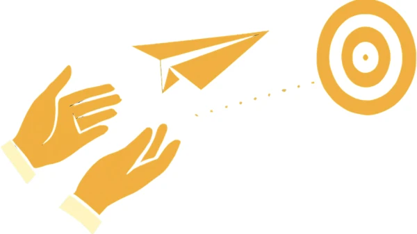 Illustration of a leader's hands releasing a paper airplane flying toward a target, representing hands-off laissez-faire leadership