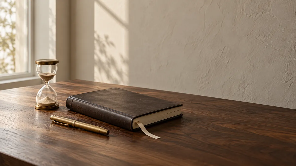 A closed leather ledger, a brass fountain pen and a small sand timer on a walnut desk in soft window light, illustrating coaching for law firm owners