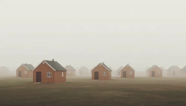 Rows of identical small Nordic houses fading into fog, evoking the Law of Jante and its pressure toward sameness