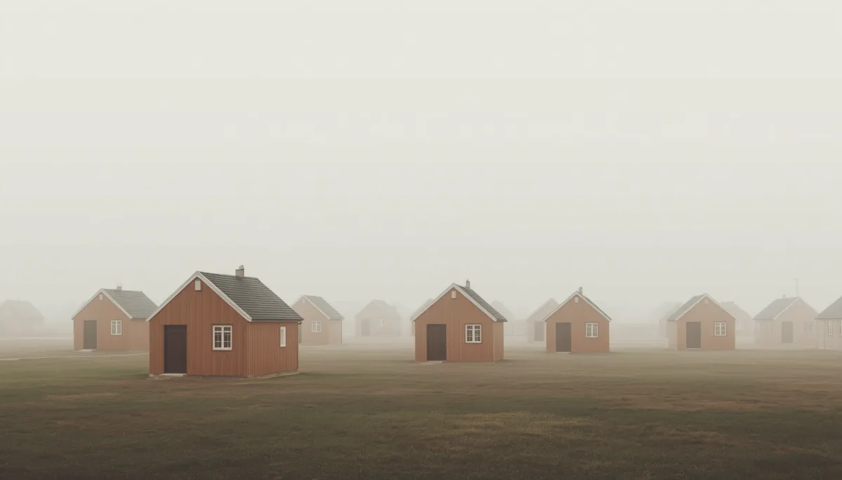 Rows of identical small Nordic houses fading into fog, evoking the Law of Jante and its pressure toward sameness