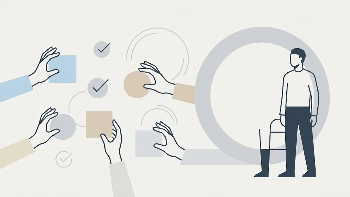 Minimalist illustration of five hands each holding a coloured square or circle beside check marks while a manager stands back next to a large ring, illustrating leadership accountability where every leader owns a commitment without being micromanaged