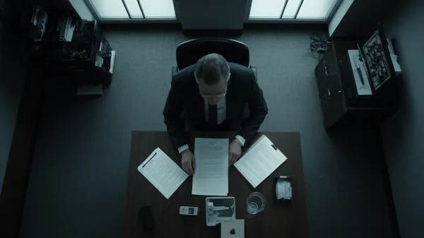 Overhead view of an executive at a desk reviewing printed leadership assessment questions and scoring sheets in a quiet office