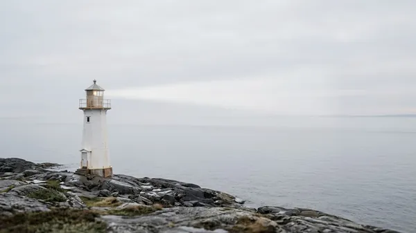 A white lighthouse with its lamp lit on a rocky Nordic shoreline above a calm grey sea under an overcast sky, illustrating leadership consulting as outside guidance for a leadership team