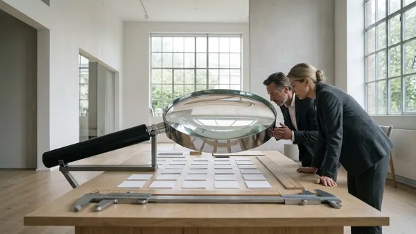 Two people in dark suits leaning over an oak table to study rows of small white cards through an oversized magnifying glass, with a ruler and a caliper beside them, illustrating the methodology and definitions behind the Leadership Readiness Index