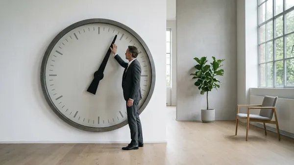 A man in a dark suit reaching up to move the hand of an oversized wall clock in a bright empty office, illustrating the Leadership Readiness Index as a quarterly reading of how leaders actually lead
