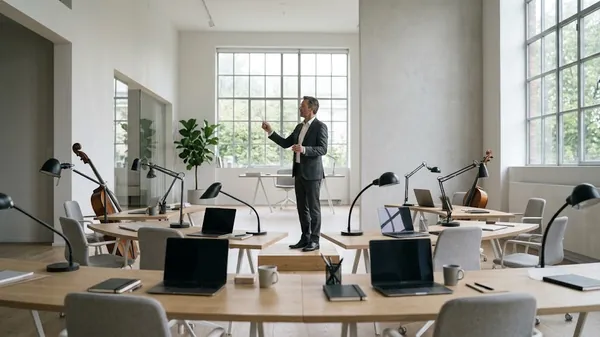A man in a dark suit conducting with a baton from a small podium in an open office of curved desks, laptops, desk lamps and two cellos, illustrating leadership style in the Leadership Readiness Index