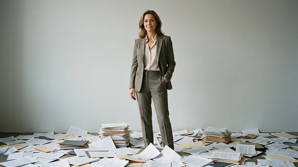 A business leader in a grey suit standing calmly in a bright empty room with stacks of papers and folders scattered across the floor around her, illustrating leadership team development and the people problems an operating system surfaces but does not fix