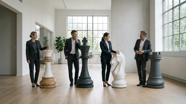 Four leaders in dark suits each standing beside a different oversized chess piece, a queen, a king, a knight and a rook, in a bright empty office, illustrating the four leadership types in the Leadership Readiness Index