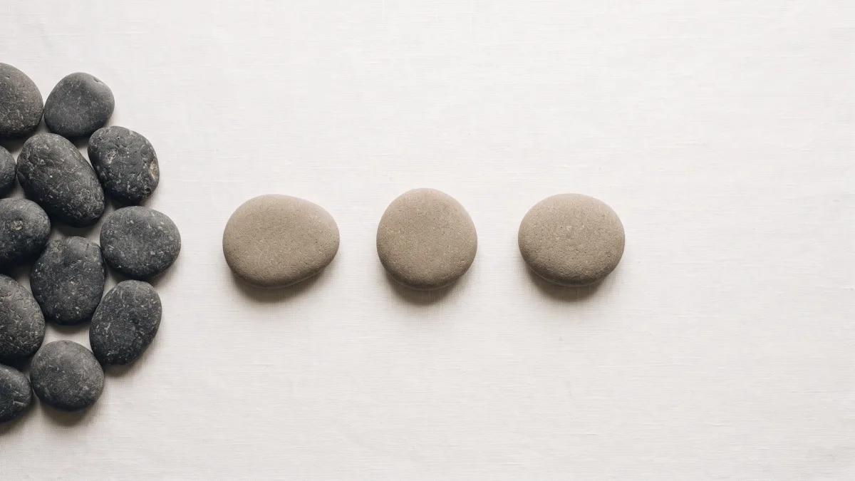 A cluster of dark pebbles on the left with three tan pebbles breaking away in a line to the right, illustrating leading a team through change when a company doubles