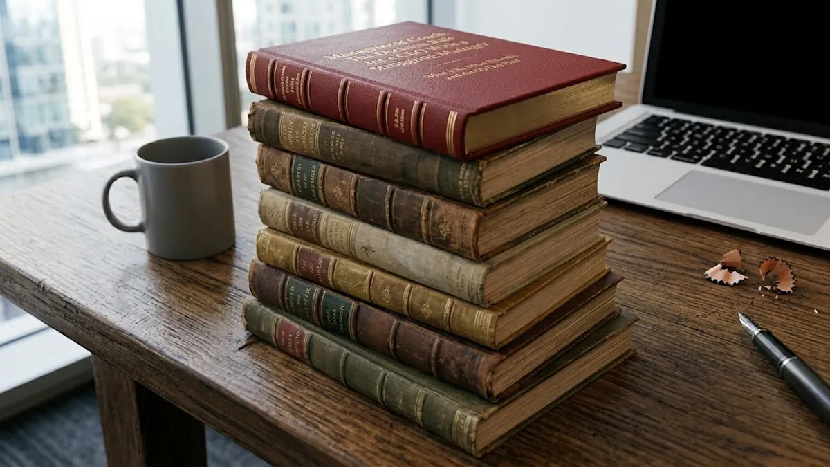 A stack of antique leather-bound books topped by a red volume on management coaching, on a wooden desk beside a grey mug, a laptop, pencil shavings and a fountain pen, illustrating a management coach for a CEO with a struggling manager