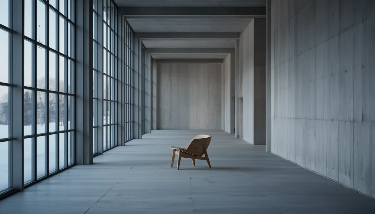 A single crafted wooden chair in a vast minimalist concrete hall with floor-to-ceiling windows, evoking the defining traits of modern leadership