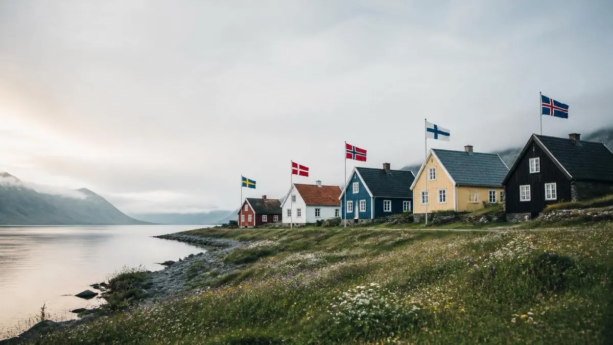 A row of traditional Nordic houses along a fjord flying the Swedish, Danish, Norwegian, Finnish, and Icelandic flags, illustrating Nordic leadership examples across companies