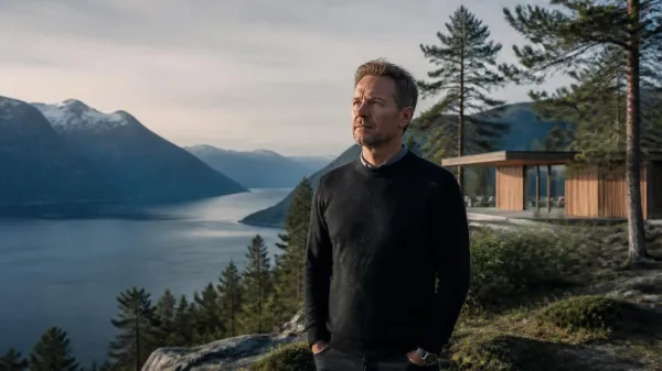 Thoughtful Nordic leader standing by a fjord with pine trees and a modern wooden cabin in soft northern light, evoking Nordic leadership
