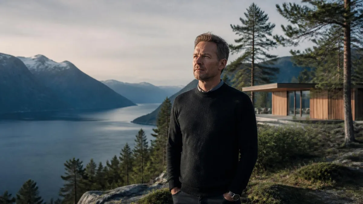Thoughtful Nordic leader standing by a fjord with pine trees and a modern wooden cabin in soft northern light, evoking Nordic leadership