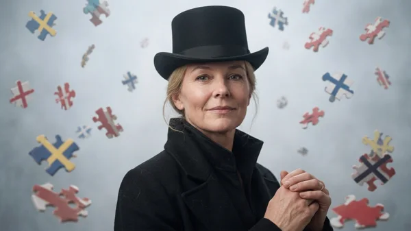 Portrait of a Nordic businesswoman in a black top hat with Scandinavian flag puzzle pieces floating around her, illustrating Nordic traits in the AI era