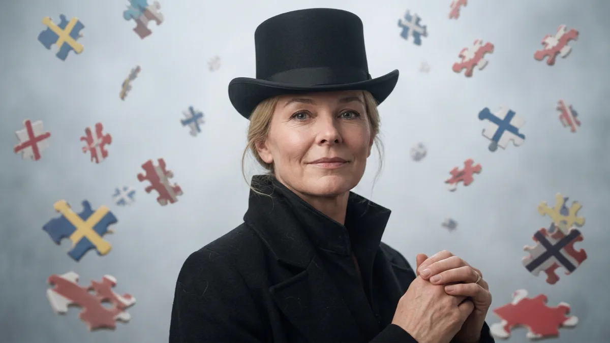 Portrait of a Nordic businesswoman in a black top hat with Scandinavian flag puzzle pieces floating around her, illustrating Nordic traits in the AI era